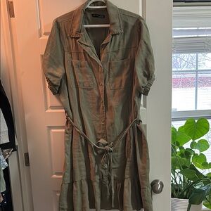 Olive Green Button-Up Dress with Belt